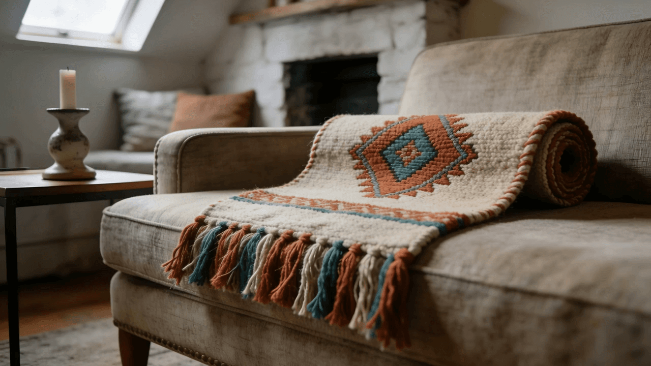 A handwoven geometric throw resting on a natural linen sofa